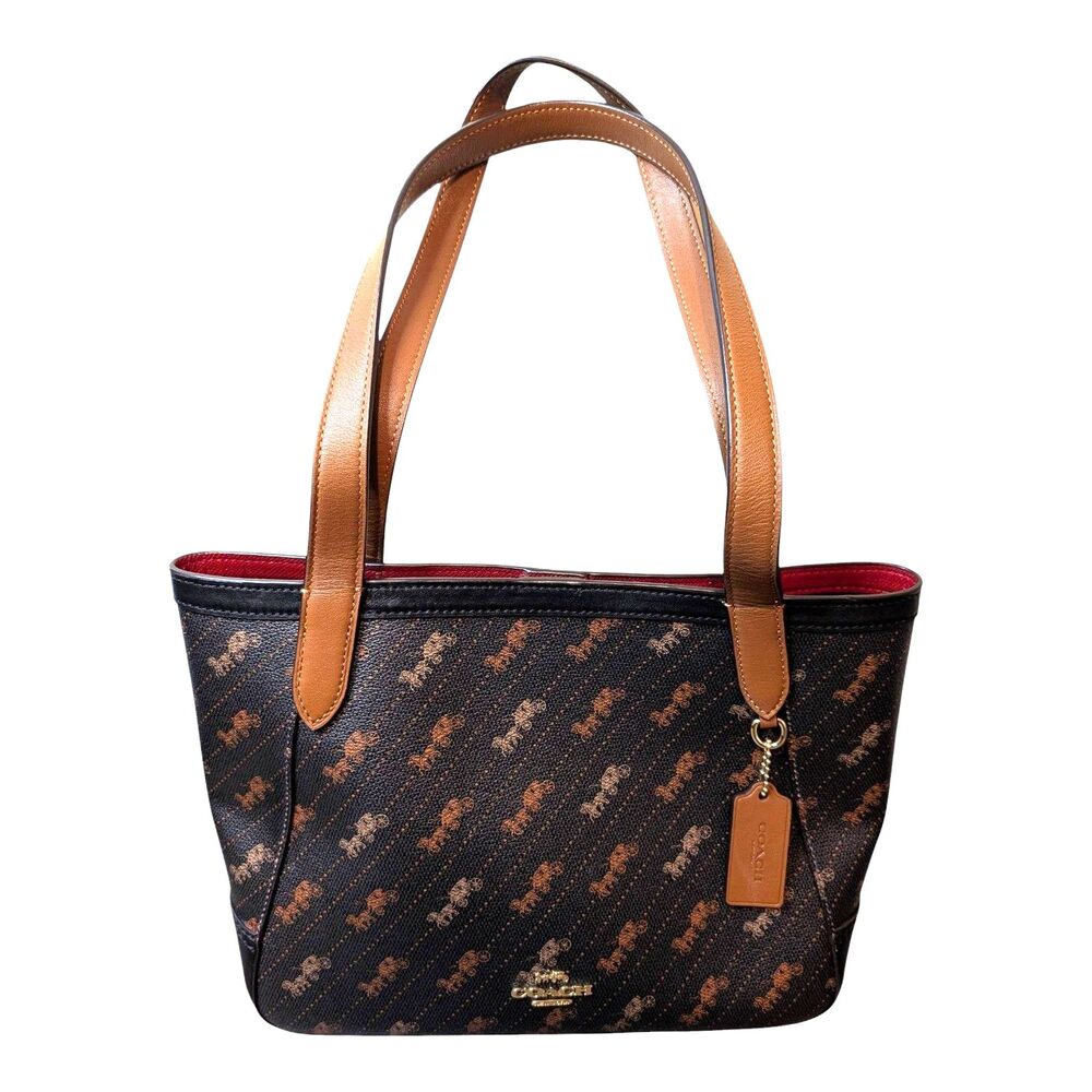Coach Brown and Tan Signature Horse Tote with Red Interior